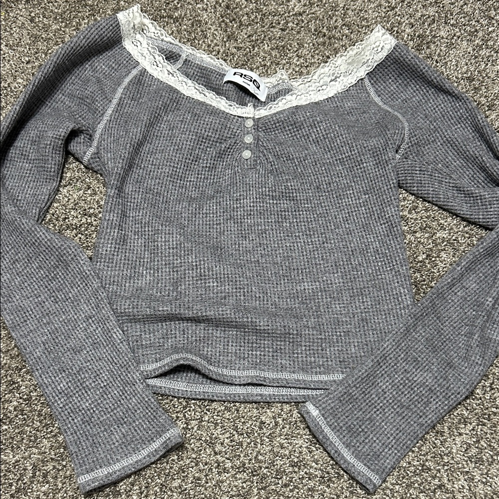 Lace Trim Grey Waffle Knit Long Sleeve Top